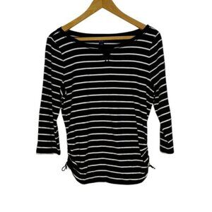 Chaps Women's 3/4 Sleeve Crewneck Boatneck Black‎ White Stripe Cotton Size Large